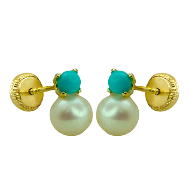 PENDIENTES PATILLA PERLA DE 3'5MM Y BOLA COLOR TURQUESA.