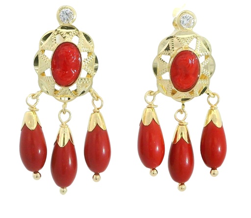 [8350C] PENDIENTE CUBANA CAMAFEO 6x4MM.COLOR CORAL.27MM.TRES CAMPANAS.